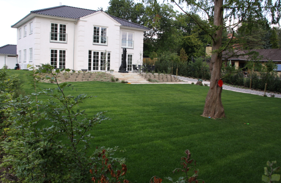 Terrasse med niveauforskelle: Terrasse i flere niveauer med sandstenstrin, der skaber dynamik og struktur i haven.